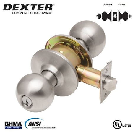 Dexter By Schlage CYLINDRICAL LOCK, ENTRY/OFFICE BALL KNOB GRADE 2 UL LISTED 3 HOUR 6-PIN SCHLAGE C KD SATIN STAINLESS DEX-C2000-ENTR-B-630